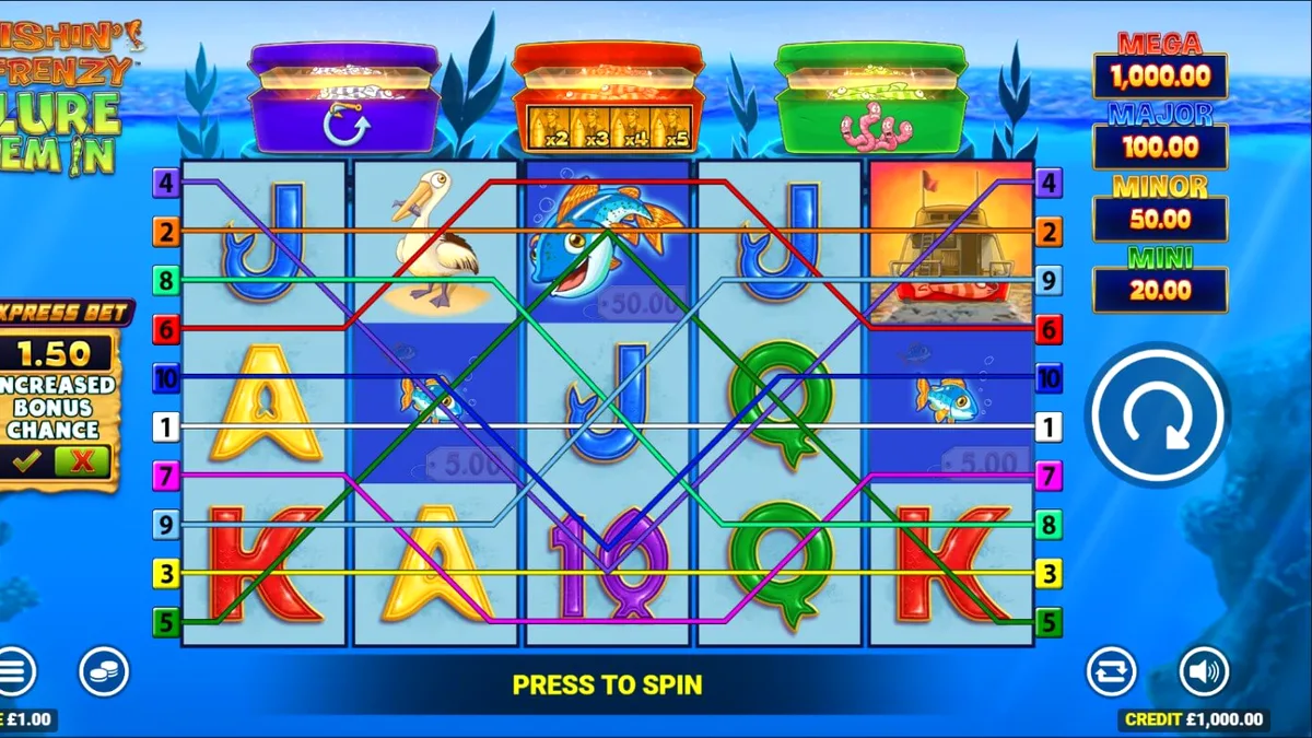 Tampilan visual slot Fishin Frenzy Lure Em In dengan latar belakang danau yang tenang.