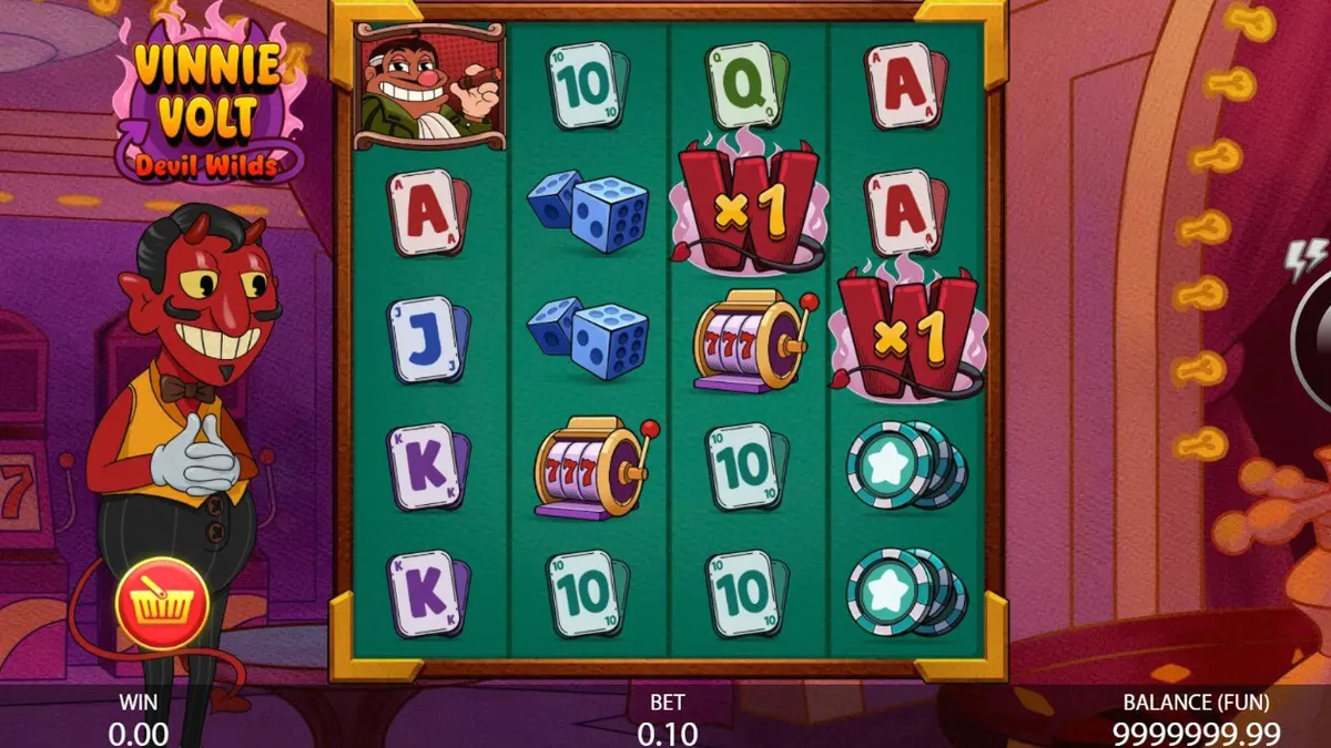 Vinnie Volt: Devil Wilds slot game interface featuring the dapper devil character