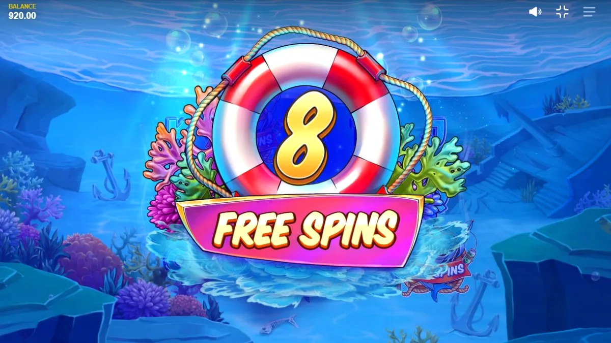 Tampilan visual slot Shark Boss dengan hiu di atas perahu dan simbol nelayan di gulungan